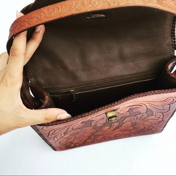 Vintage Tooled Leather Floral Filigree Hand Bag - Picture 6 of 7